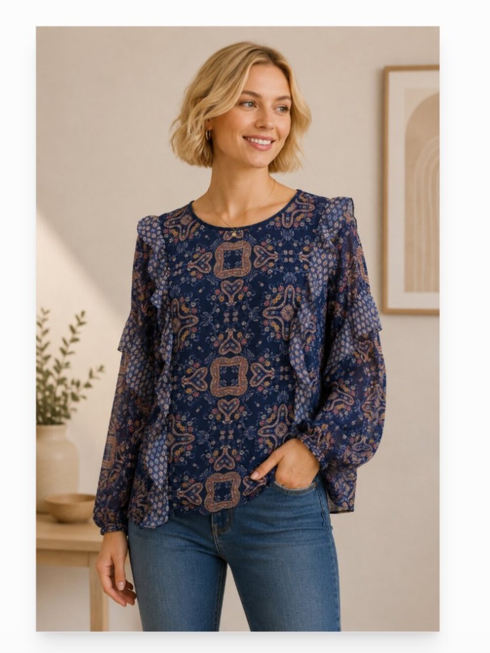 True Craft women's XL boho peasant style blouse with ruffle detail EUC